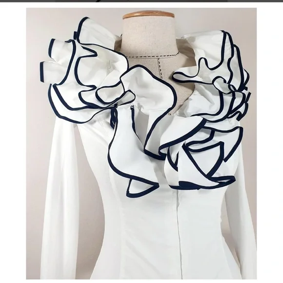 Anne Fontaine White and Black Ruffled Long Sleeve Blouse
